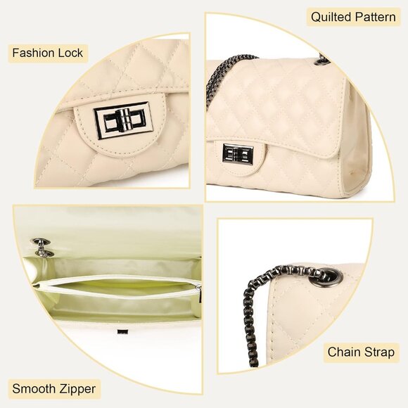 Women Beige PU Quilted Stylish Crossbody Bags with Chain Strap & Flap Closure - Picture 5 of 6